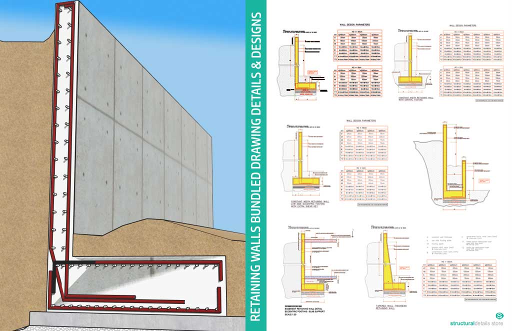 Reinforced Concrete Retaining Walls Bundled Drawing Details - Reinforcement Retaining Wall Detail